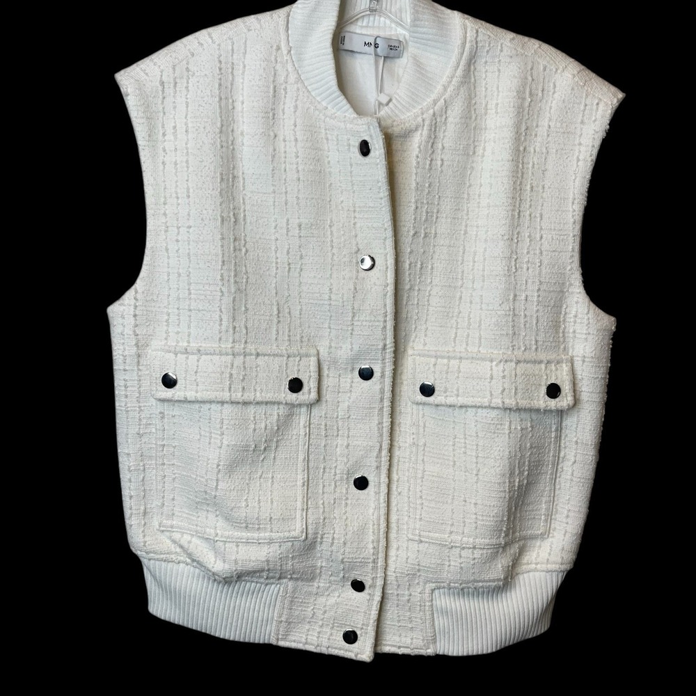Ming Mango Off White Tweed‎ Cargo Vest Womens S Utility Inspired Bomber Style